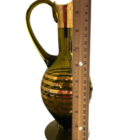 Made in Romania Green and Gold Vintage Mid Century Glass Crystal Pitcher - Picture 3 of 7